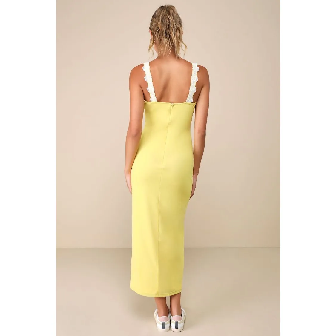 NWT Lulus Ray of Charm Yellow Mesh Lace Sleeveless Midi Dress Romantic Size XS - Image 3