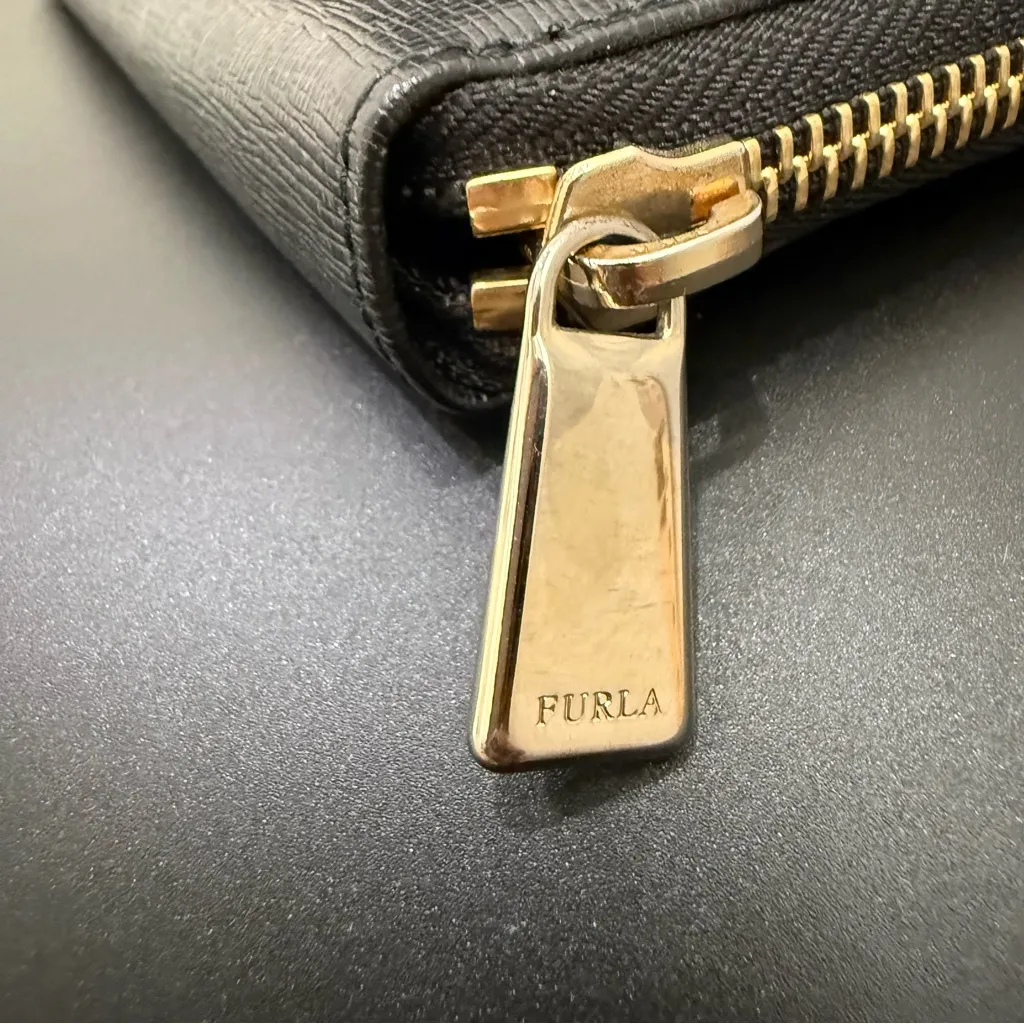 FURLA Black Saffiano Textured Leather Zip Around Gold-tone Zip Pull Wallet 8”X4” - Image 12