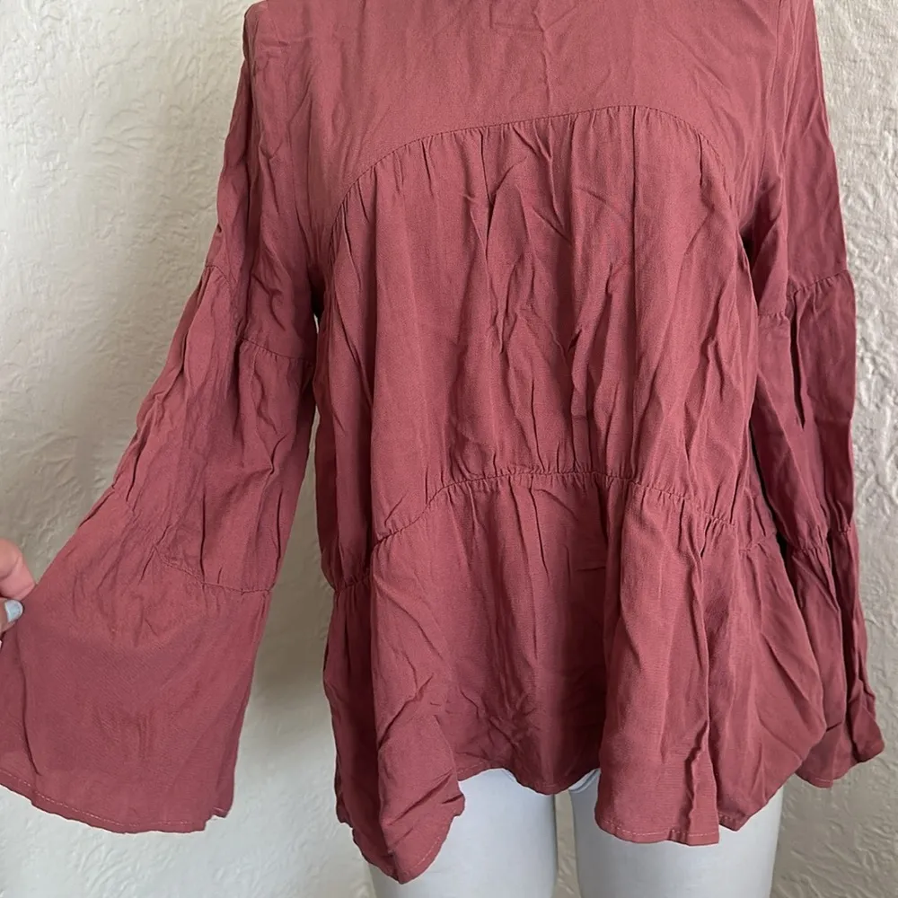 Zara Rose Pink Smocked High Neck Tiered Bell Sleeve Top Blouse Small - Image 4
