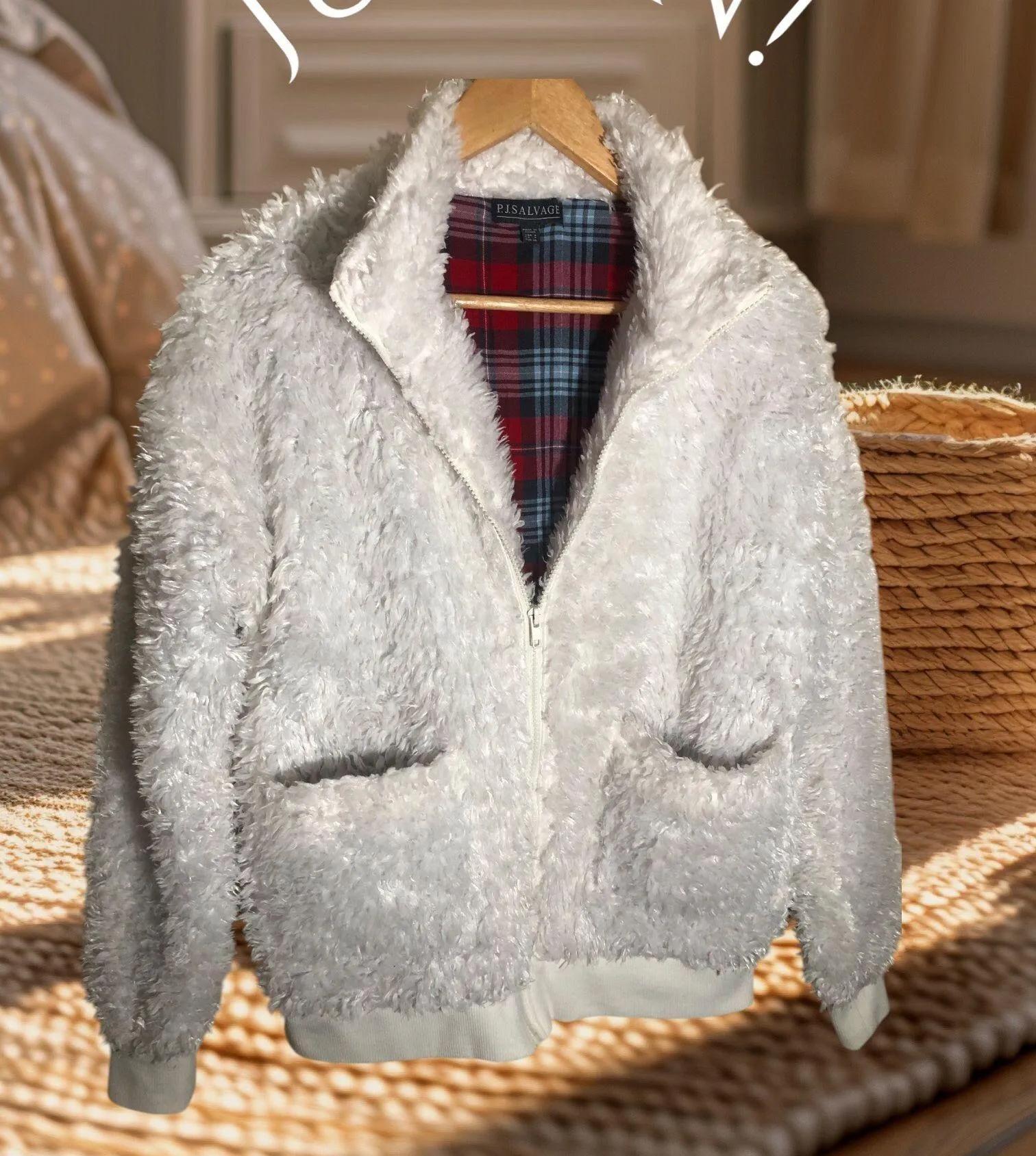 PJ Salvage White Fuzzy Zip Up Jacket W/Pockets - Image 3
