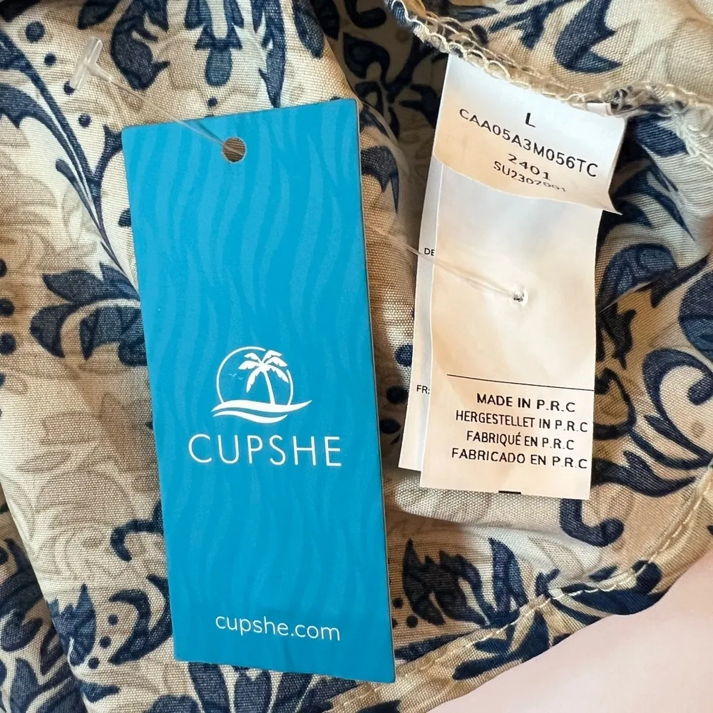 Cupshe Asymmetrical One Shoulder Pleated Blue Damask and Cream Mini Dress Large - Image 11