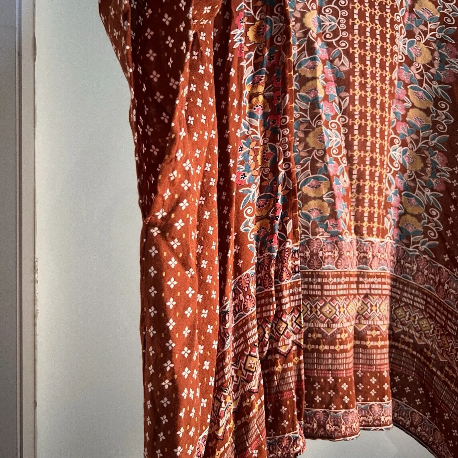 Boho Rust Orange Blue Lightweight Kimono Wrap Duster Flowy - Image 4