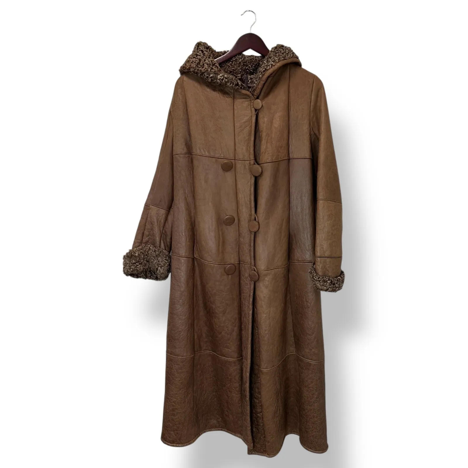 Vintage Womens L Brown 100% Curly Sheepskin Shearling‎ Hooded Penny Lane Coat Size L - Image 2