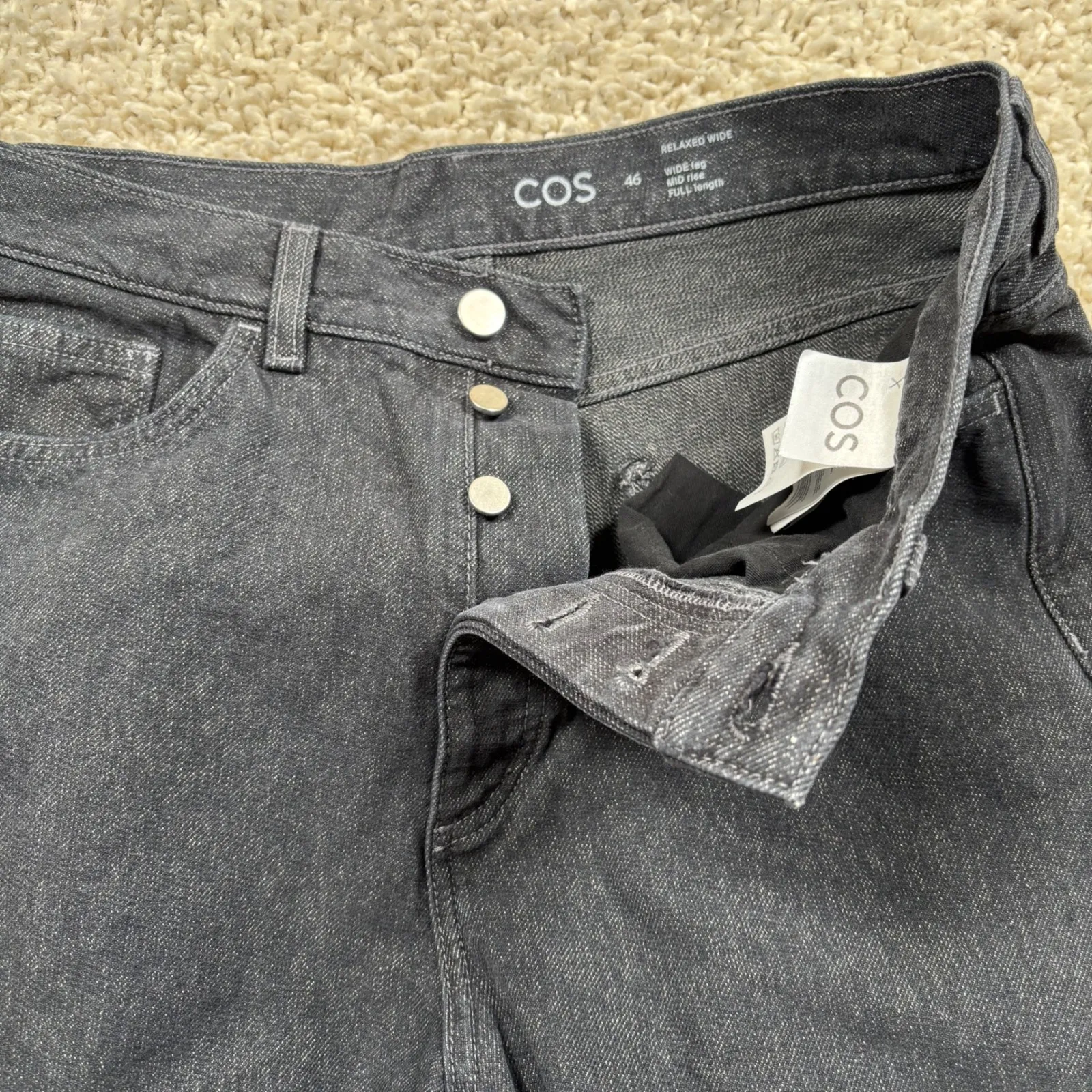 COS Relaxed Wide Leg Mid Rise Full Length Denim Jeans Charcoal Size 46 - Image 9