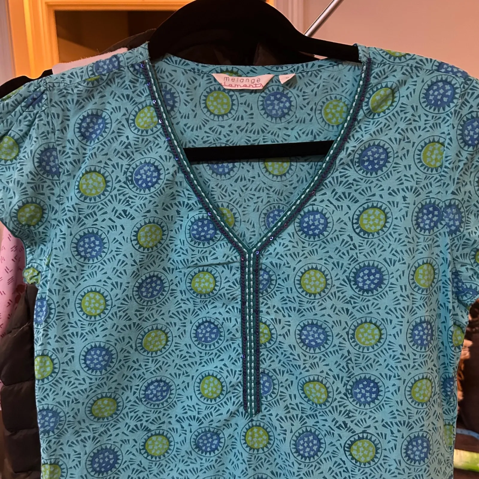 Tunic Too Dress Length Blue Green Floral Print Short Sleeve‎ Casual S - Image 2