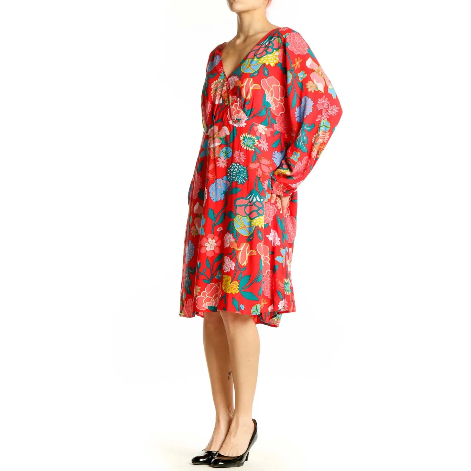 J. Crew Retro-Vibe Floral V-Neck Long Sleeve Red & Blue Mini Dress‎ Size 8 - Image 2
