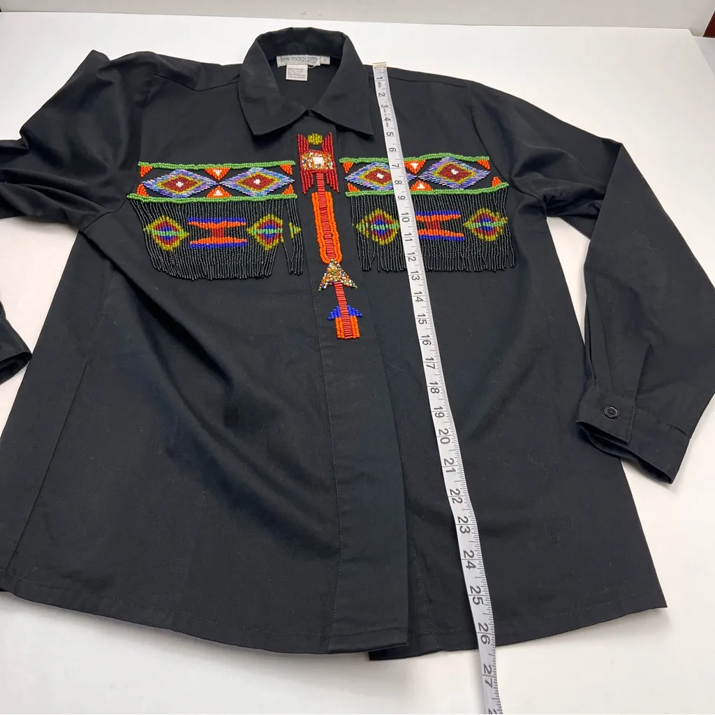 Lew Magram Womens Size 8 Black‎ Retro Beaded Fringe Shirt Western Aztec Indian Black - Image 7