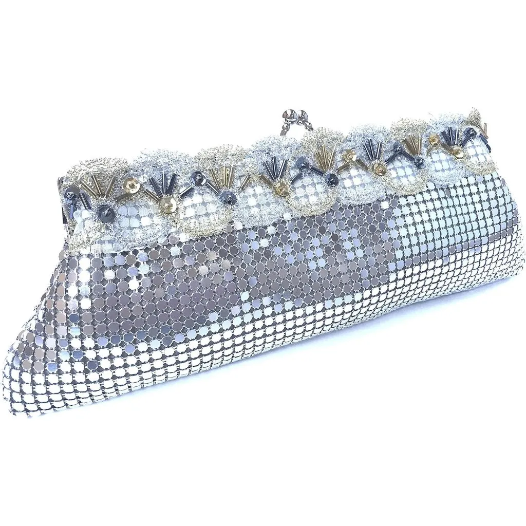 ⚡ Women's Silver Floral Lace Trim Pattern Metal Kiss Lock Evening Clutch Bag - Image 3