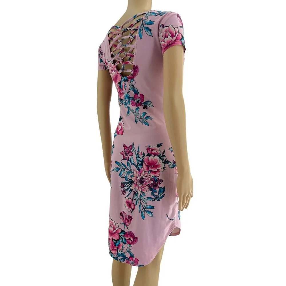 Derek Heart MEDIUM Pink Floral Peony Lily Short Sleeve Sheath Bodycon Mini Dress - Image 4