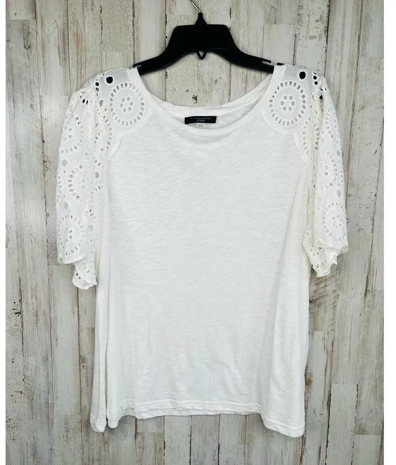 T Tahari White Eyelet Embroidered Lace Short Sleeve Blouse Size XL - Image 2