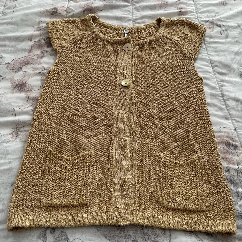 Margaret O’Leary gold tan knit shirt sleeve cardigan with pockets, size L boho - Image 8