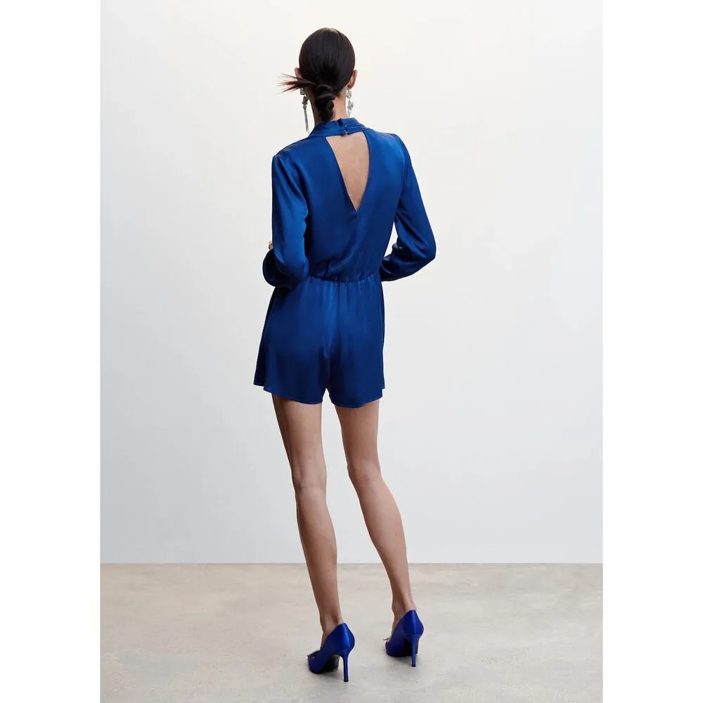 NEW MNG Blue Silky Satin V-neck Faux Wrap Long Sleeve Romper Jumpsuit Size XS - Image 3