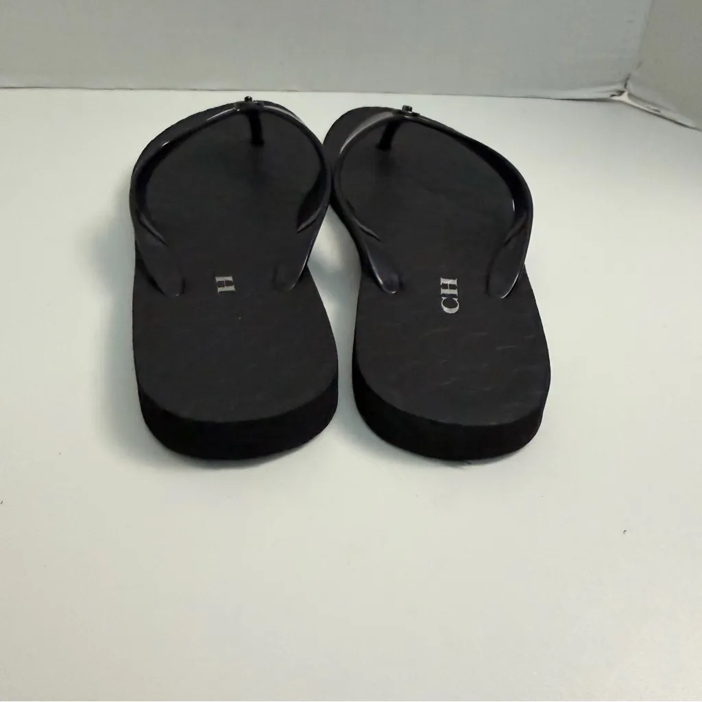 Coach Sandals Abbigal Flip Flops Logo Medallion Travel Beach Cruise Black Silver - Image 5