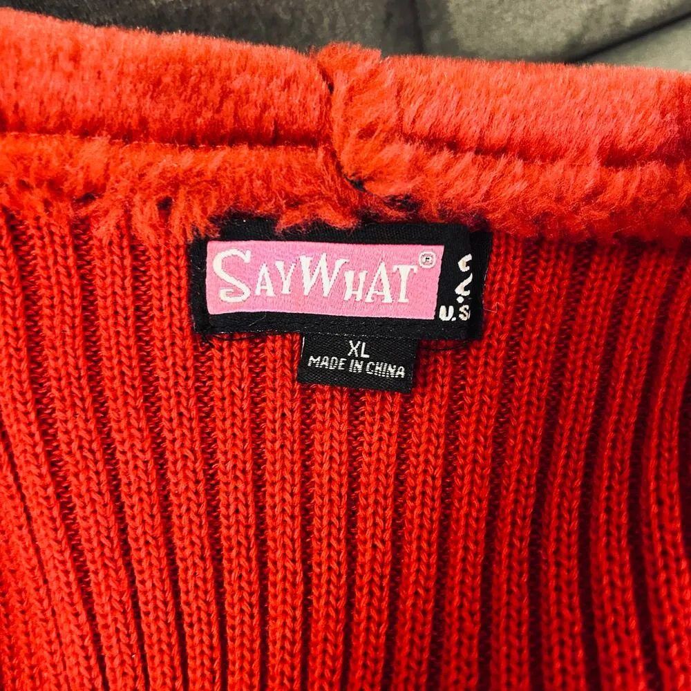 Y2K Cherry Red Faux Suede Leather Jacket Hooded Knit Vintage Faux Fur Size L - Image 8