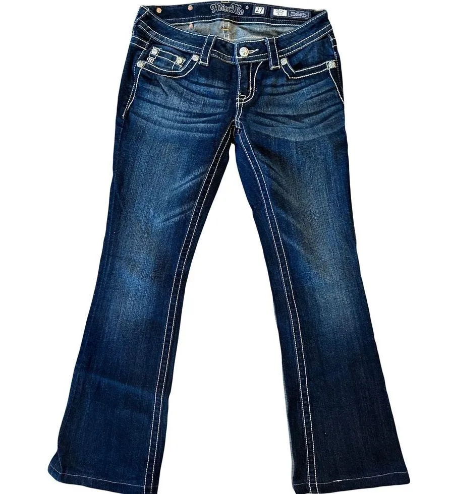 Miss Me Signature Boot Cut Crop Bling Jeans Dark Wash Size 27 - Image 2
