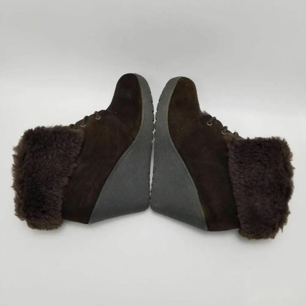 BEARPAW Flatiron Sheepskin Leather Suede Wedge Boots Brown Size 7 - Image 10