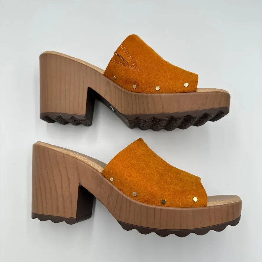 Dr Scholls Women Orange Brown Faux Suede Platform Wedge Clogs Shoes Size 9M - Image 4