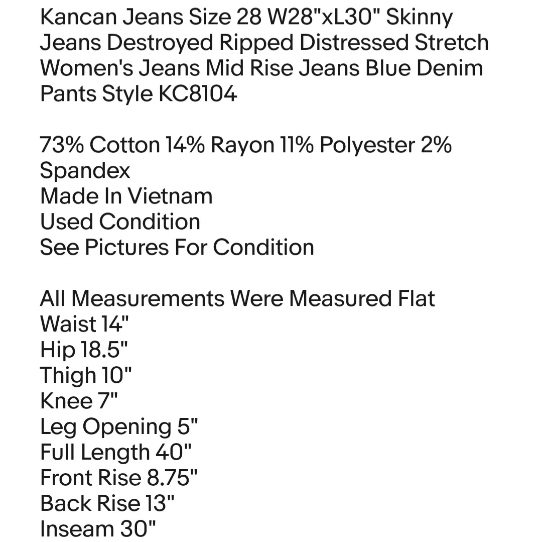 Kancan Jeans Size 28 W28"xL30" Skinny Jeans Destroyed Ripped Distressed Stretch   - Image 2