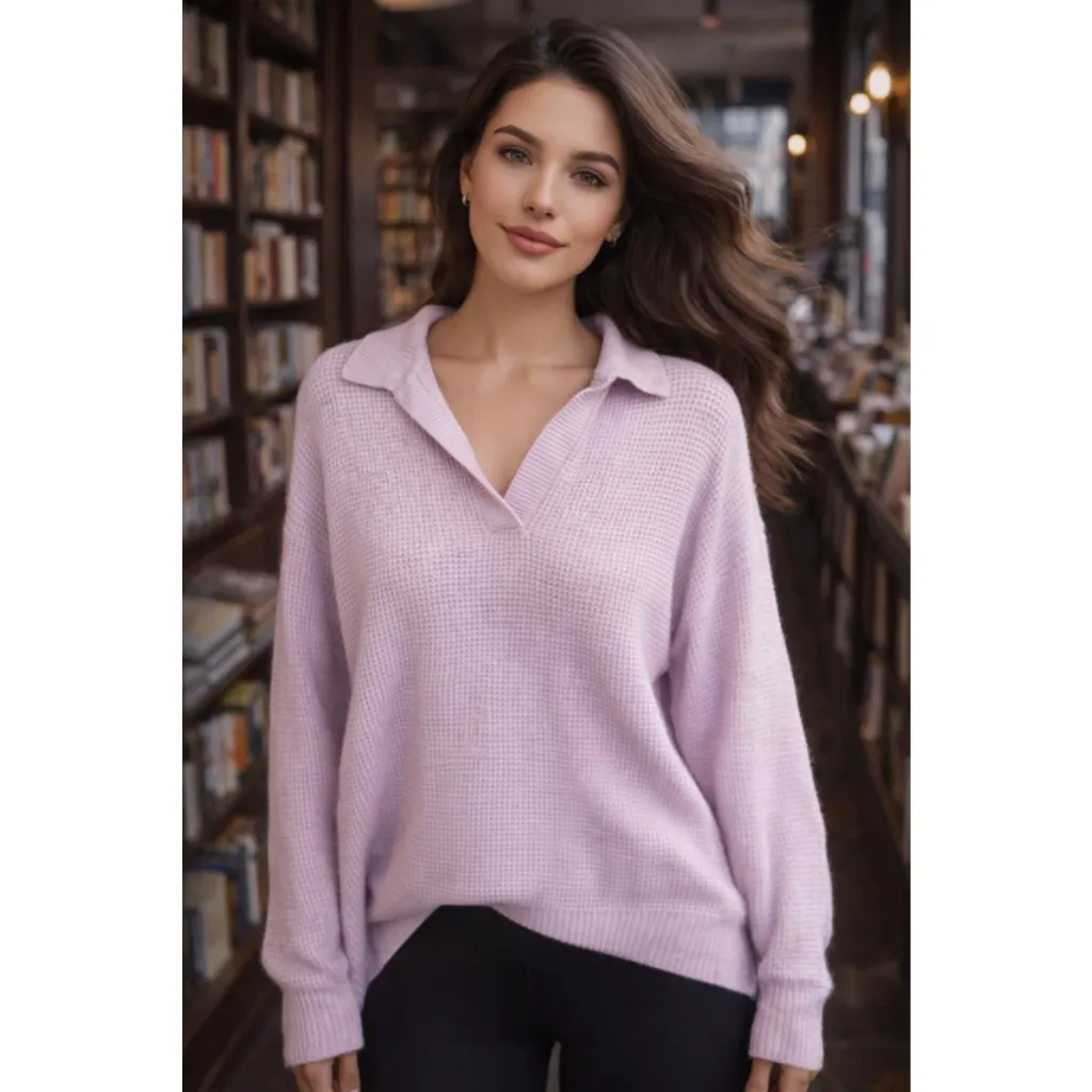 Aerie Waffle Knit Collared Sweater Lilac Quiet Luxury Oversized Buttery Soft XS - Image 2