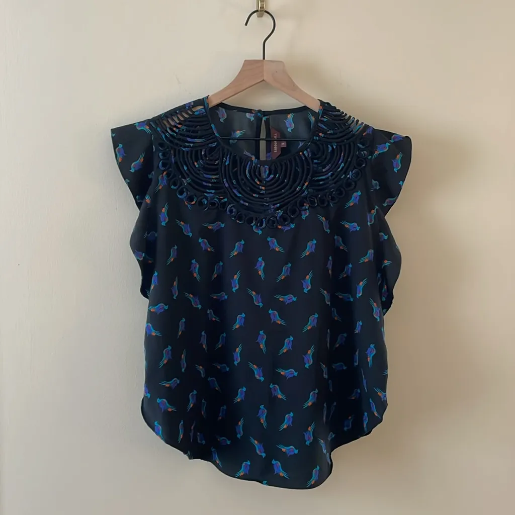 ANTHROPOLOGIE Ranna Gill Fluttered Cutwork Blouse  Phoenix Bird Print Size S - Image 5