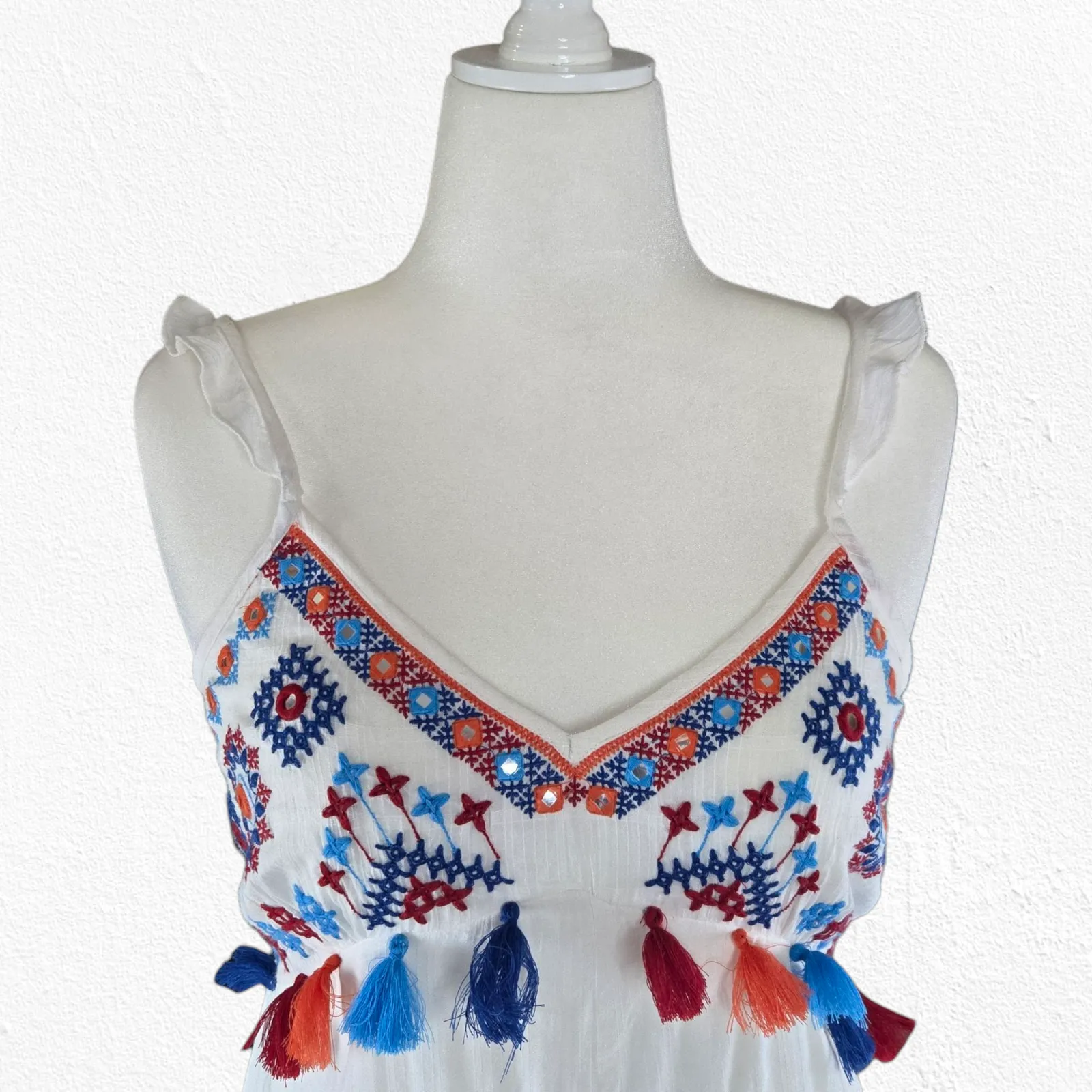 AREA Stars White Embroidered Handkerchief Tassel Boho Hi Low Dress Size Medium - Image 2