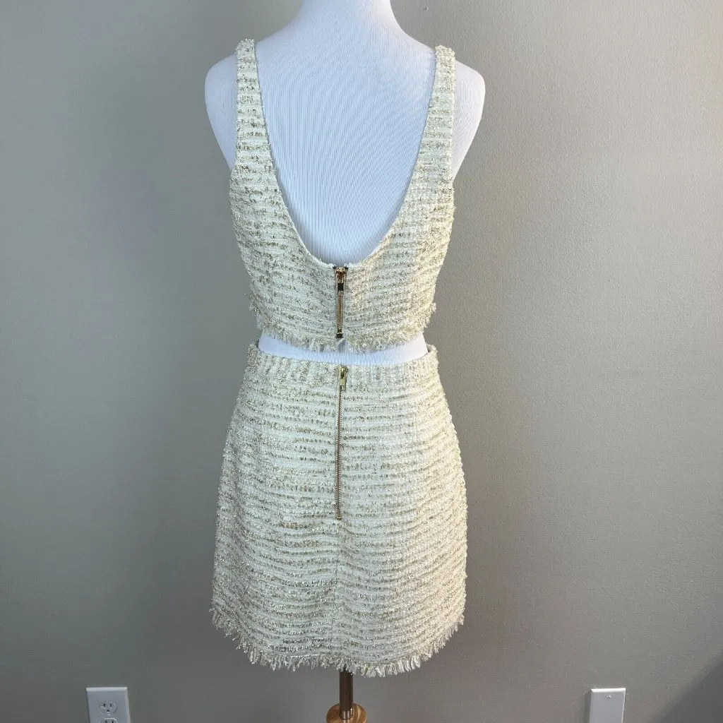 NBD Blair Mini Skirt Shawna‎ Crop Top Set M Tweed Ivory Metallic Gold Fringe - Image 6