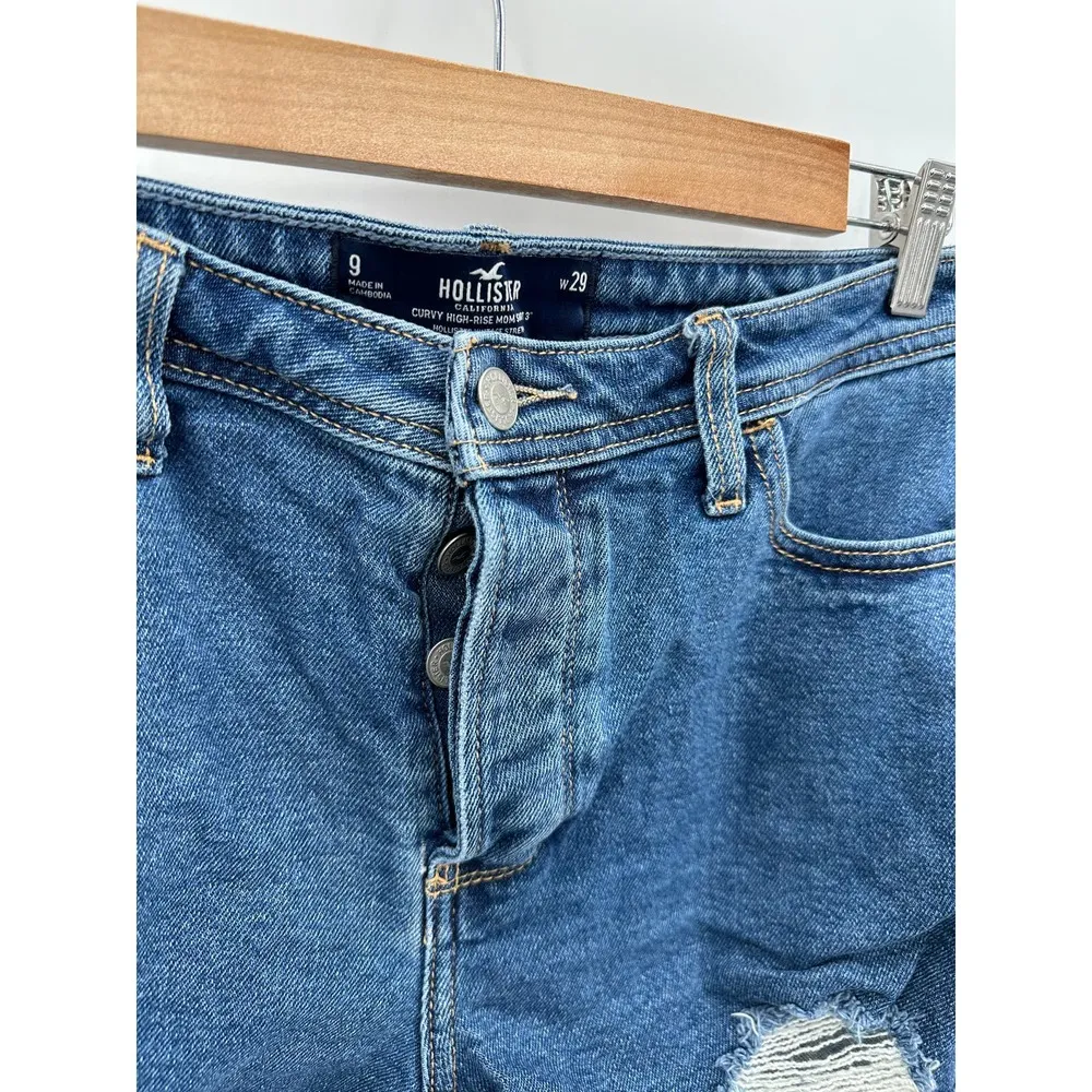 Hollister Shorts Women 9 Blue Curvy High Rise 3" Mom Distressed Button Fly Jean - Image 4
