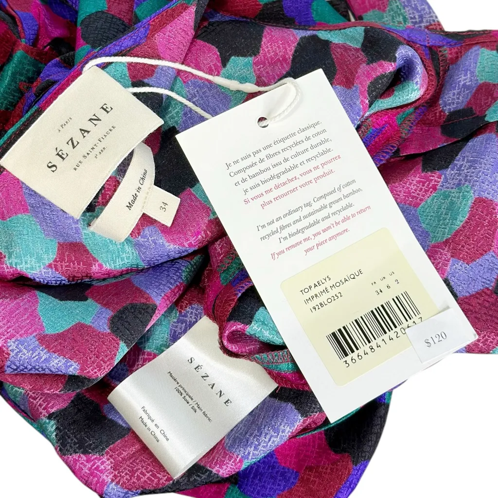 SÉZANE Aelys Silk Top, Mosaic Print, FR34/US2 - Image 12