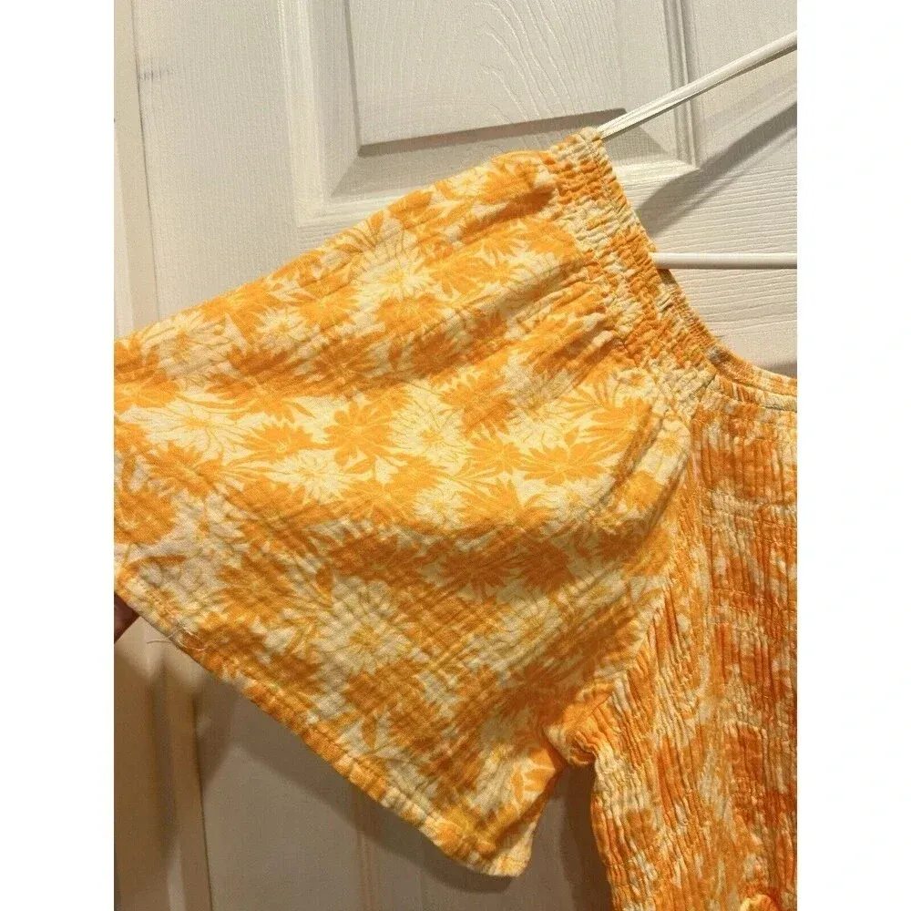 Terra Sky Fit & Flare Flutter Sleeve Smocked Dress Sz 14 0X Orange White‎ Floral - Image 3