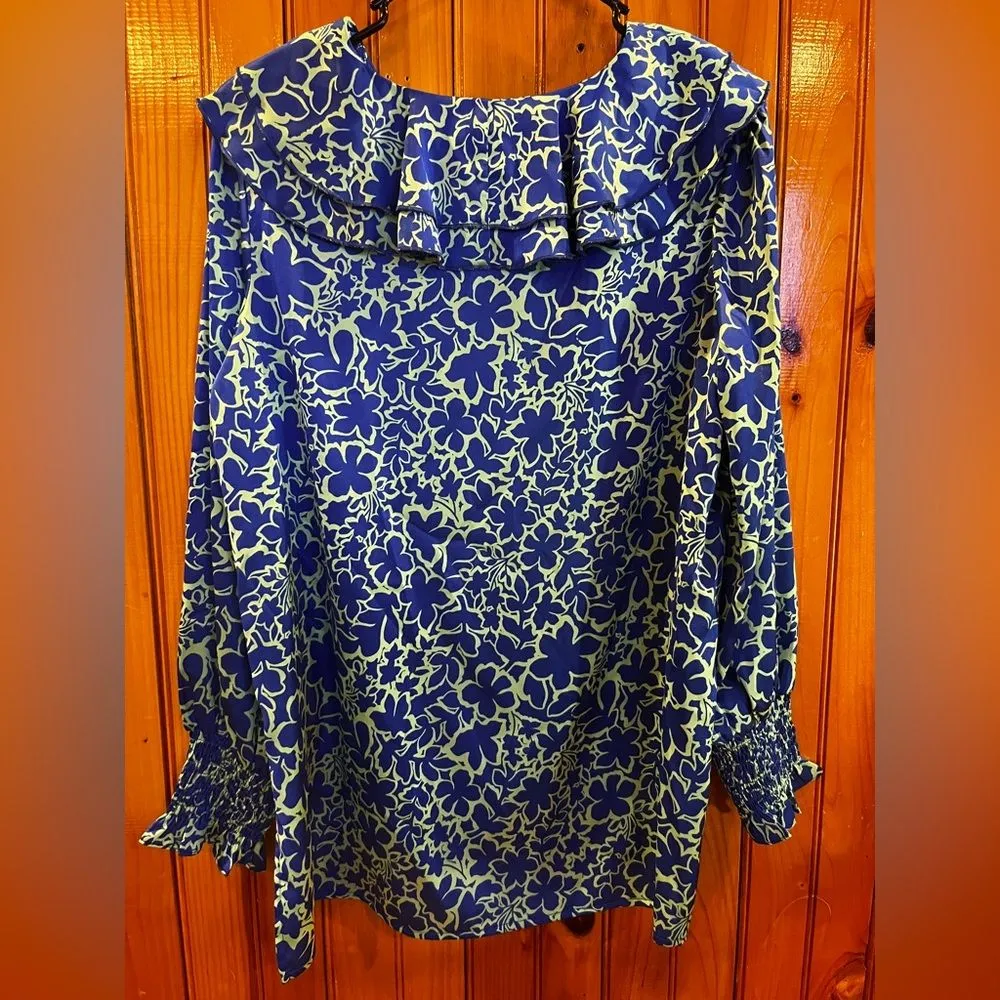 First Love By Lovelyn Floral Ruffle Blouse Green Blue - Image 2