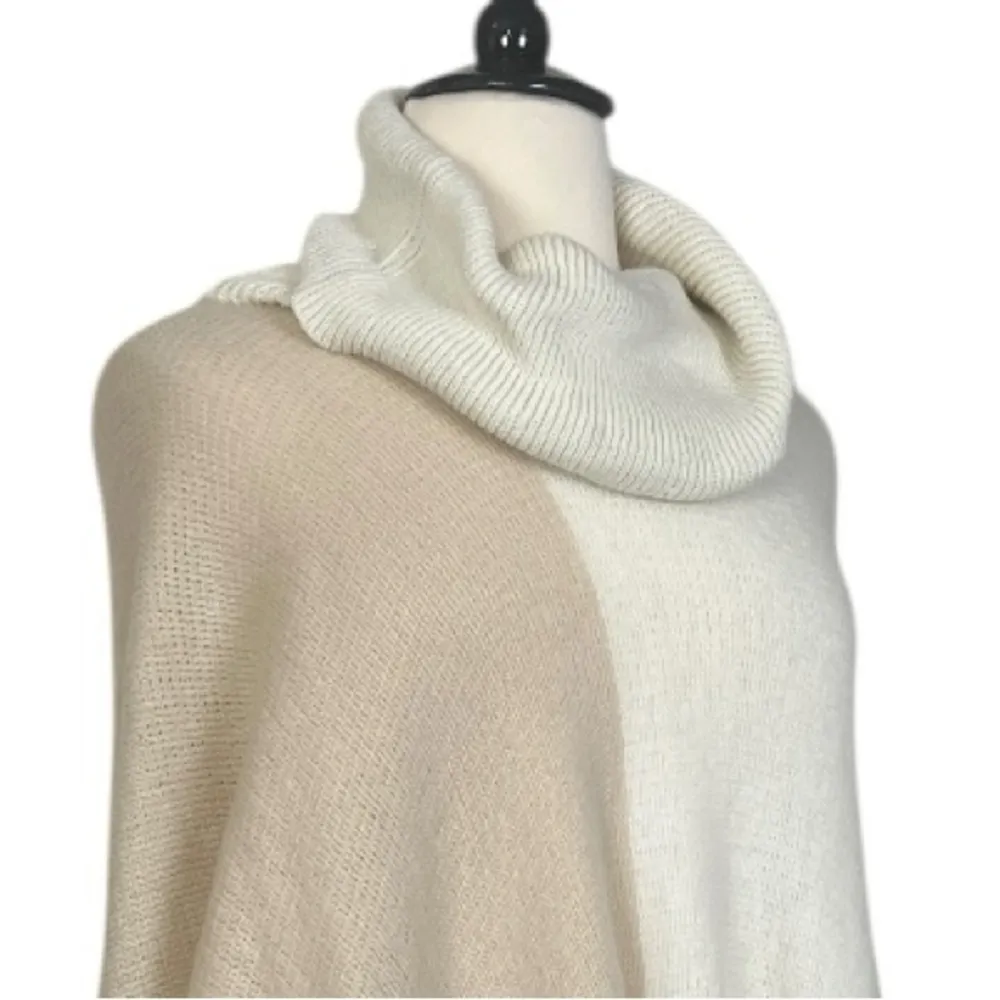 Sweater Cape Cowl Neck Fringe Hem Relaxed Cream Tan Gray Colorblock Women’s OS Size 14 - Image 6