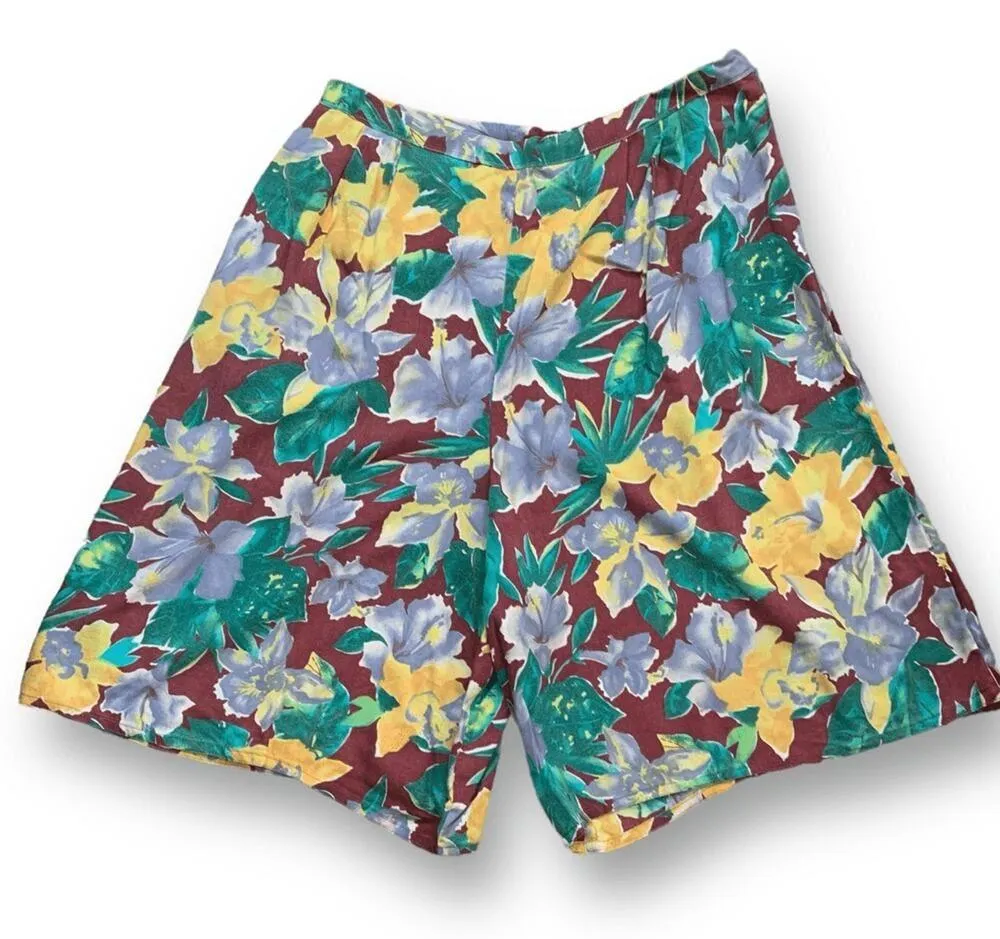 Vintage Handmade Floral Shorts Maroon Yellow Tropical Hibiscus Print High Waist Red Size 1X - Image 6