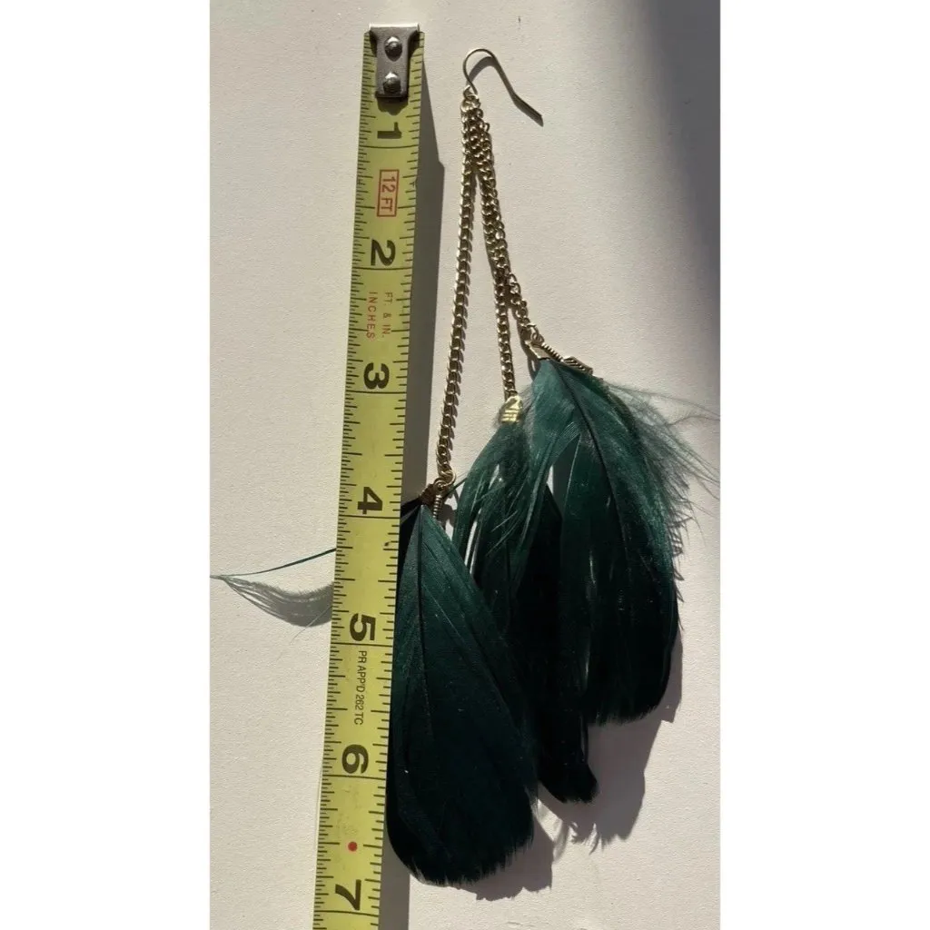 Vintage Dark Green Gold Dangling Real Feather Earrings Western Aztec Sz 7” - Image 6