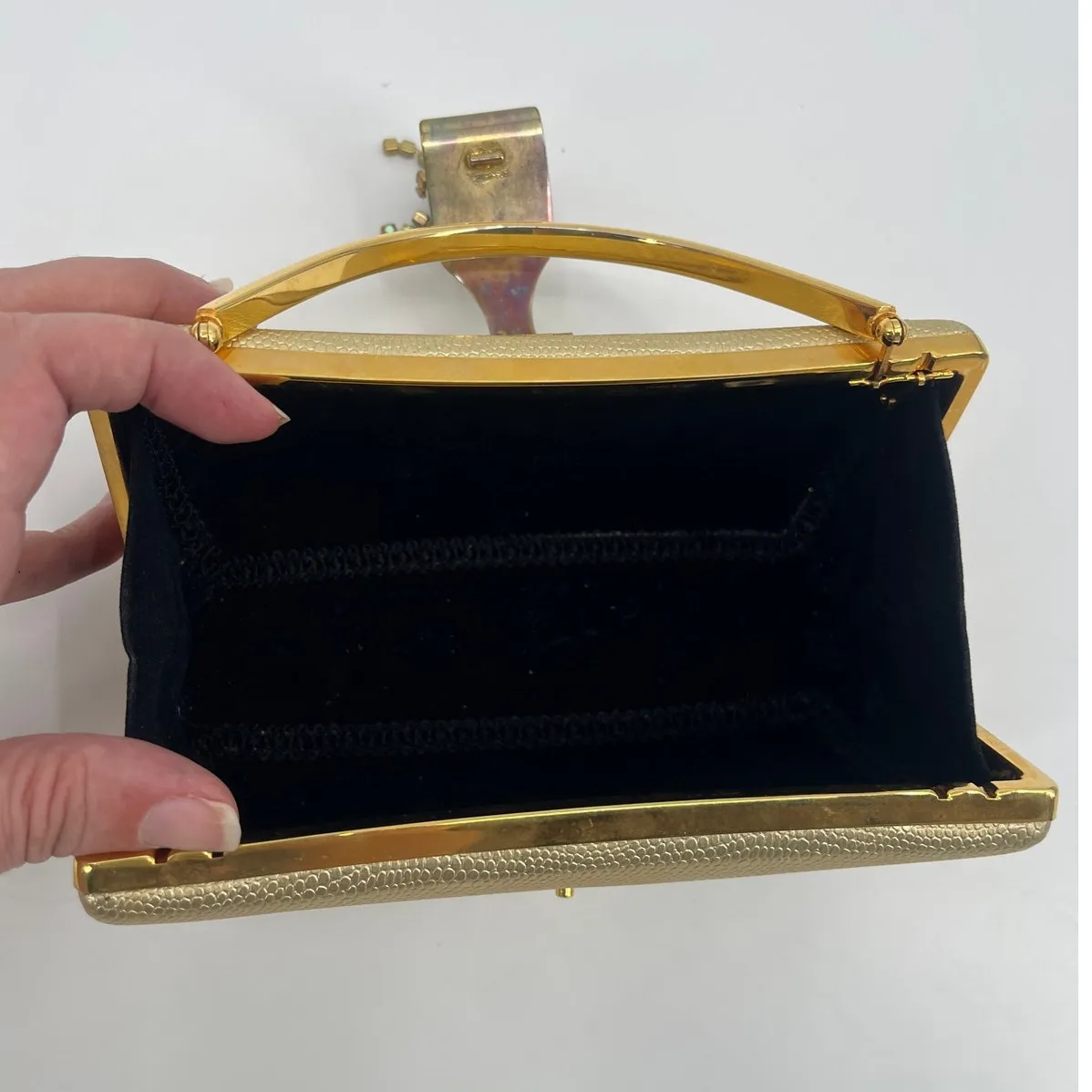 Gold Rhinestone Hard Clutch Purse Top Handle Y2K Formal Metallic Holiday Glam - Image 10