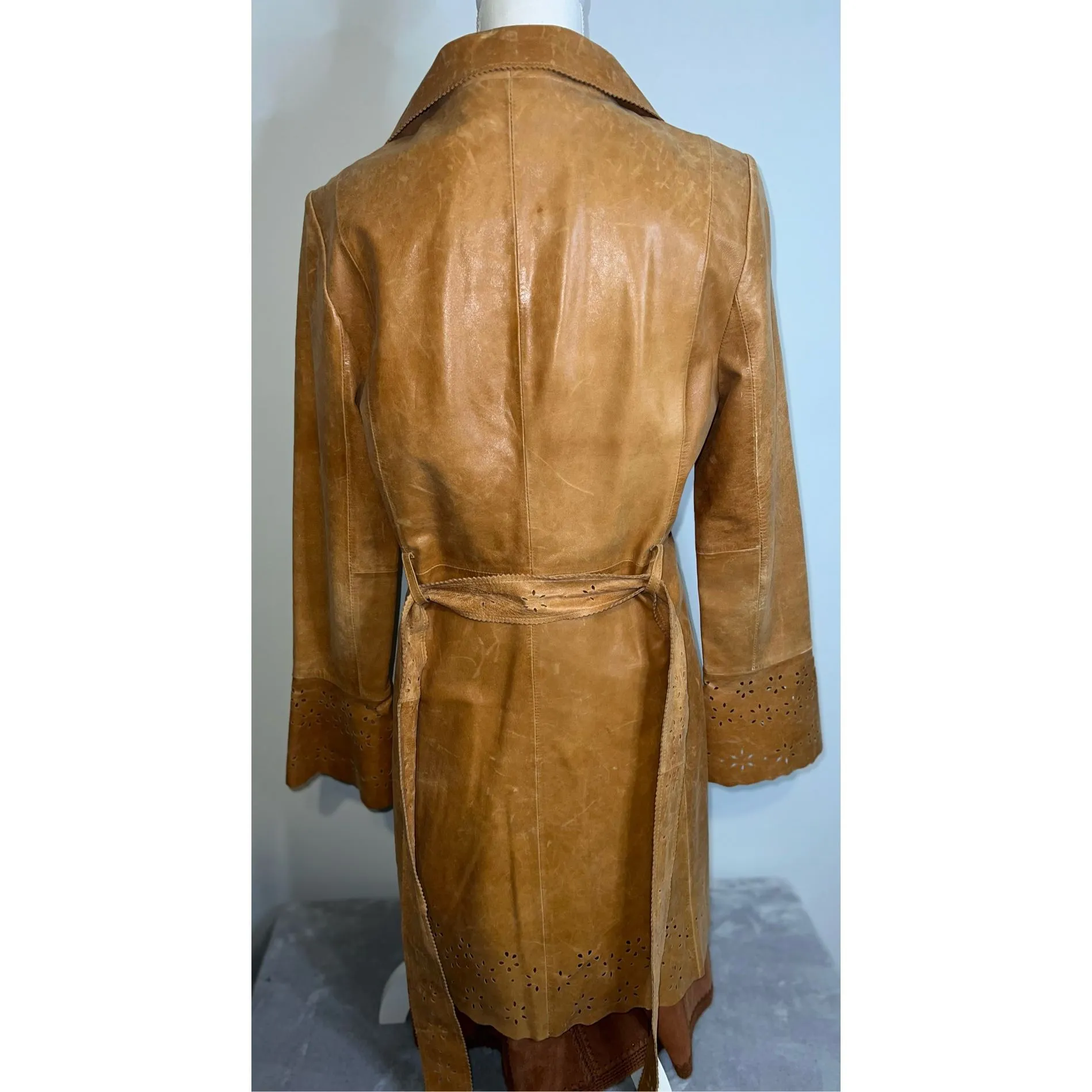 Wilsons Leather Duster Caramel Tan Trench Eyelet 70s Pearl Snaps Coat - Image 10