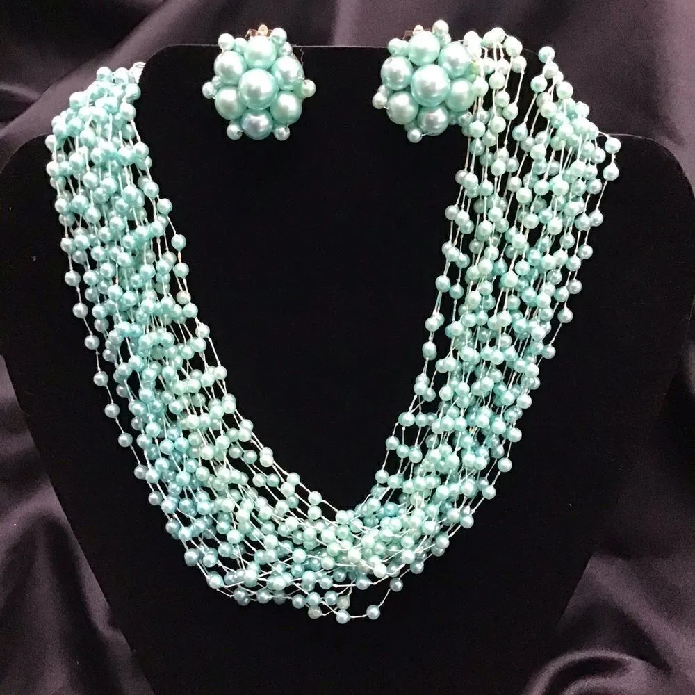VTG ‘60s Baby Blue Multi Strand Choker and Matching Clip Earrings - Image 6