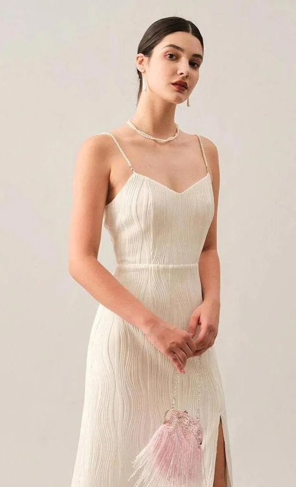 RIHOAS The Wave Textured Pearl Strap Midi Dress S White - Image 4