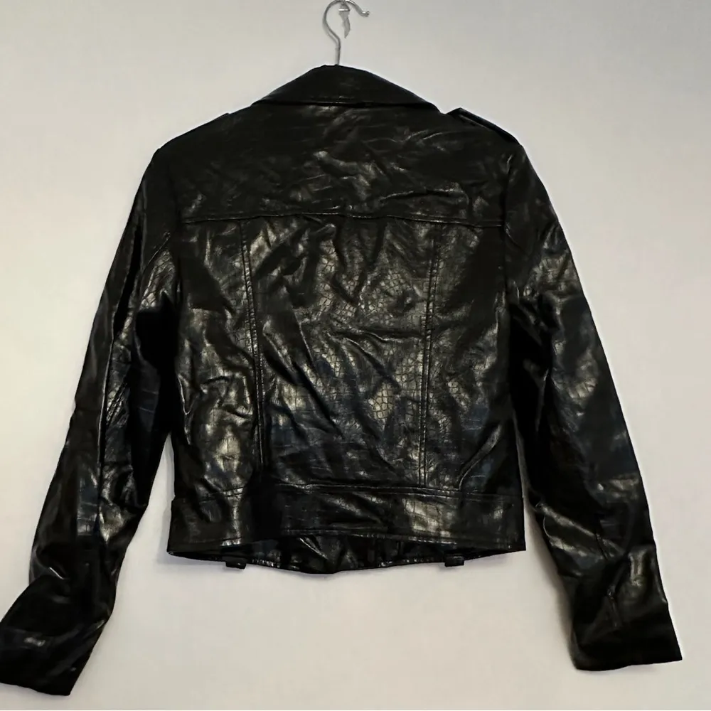 Topshop Black Faux Leather Shine Moto Jacket Croc Embossed Zip Biker US 4 Shiny - Image 10