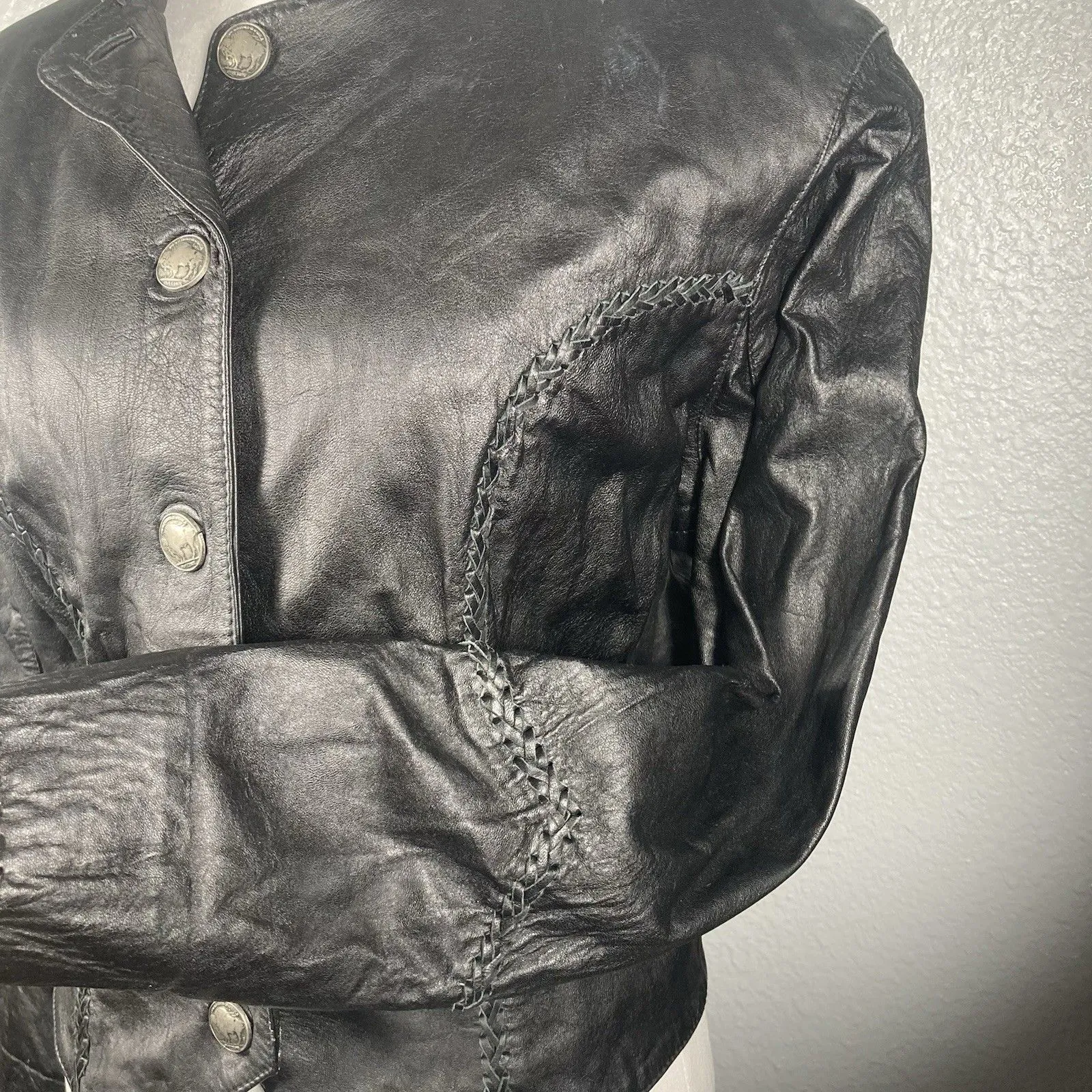 Vintage Black Leather Jacket M Buffalo Nickel Buttons Grunge Goth Street 80s 90s Size M - Image 4