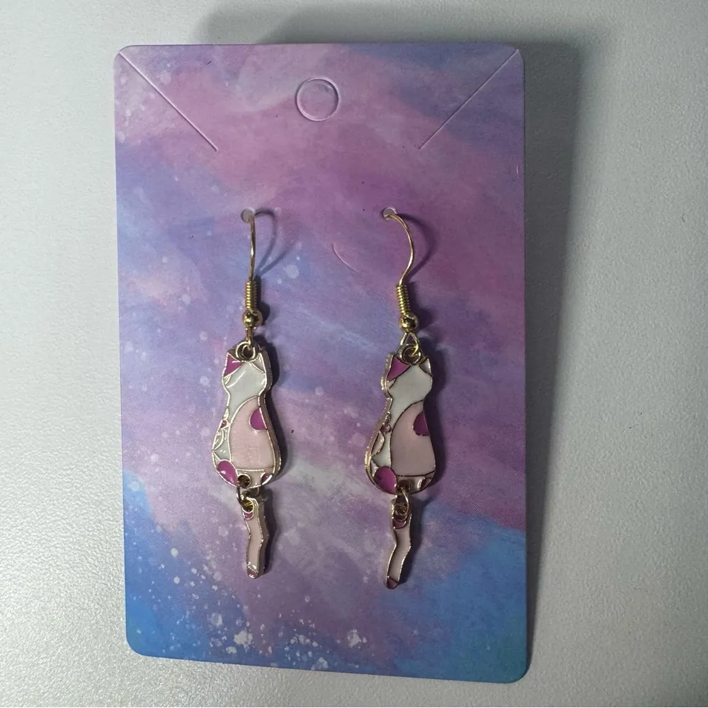 Pink cat earrings with gold stainless steel hooks dangle earrings - Image 2
