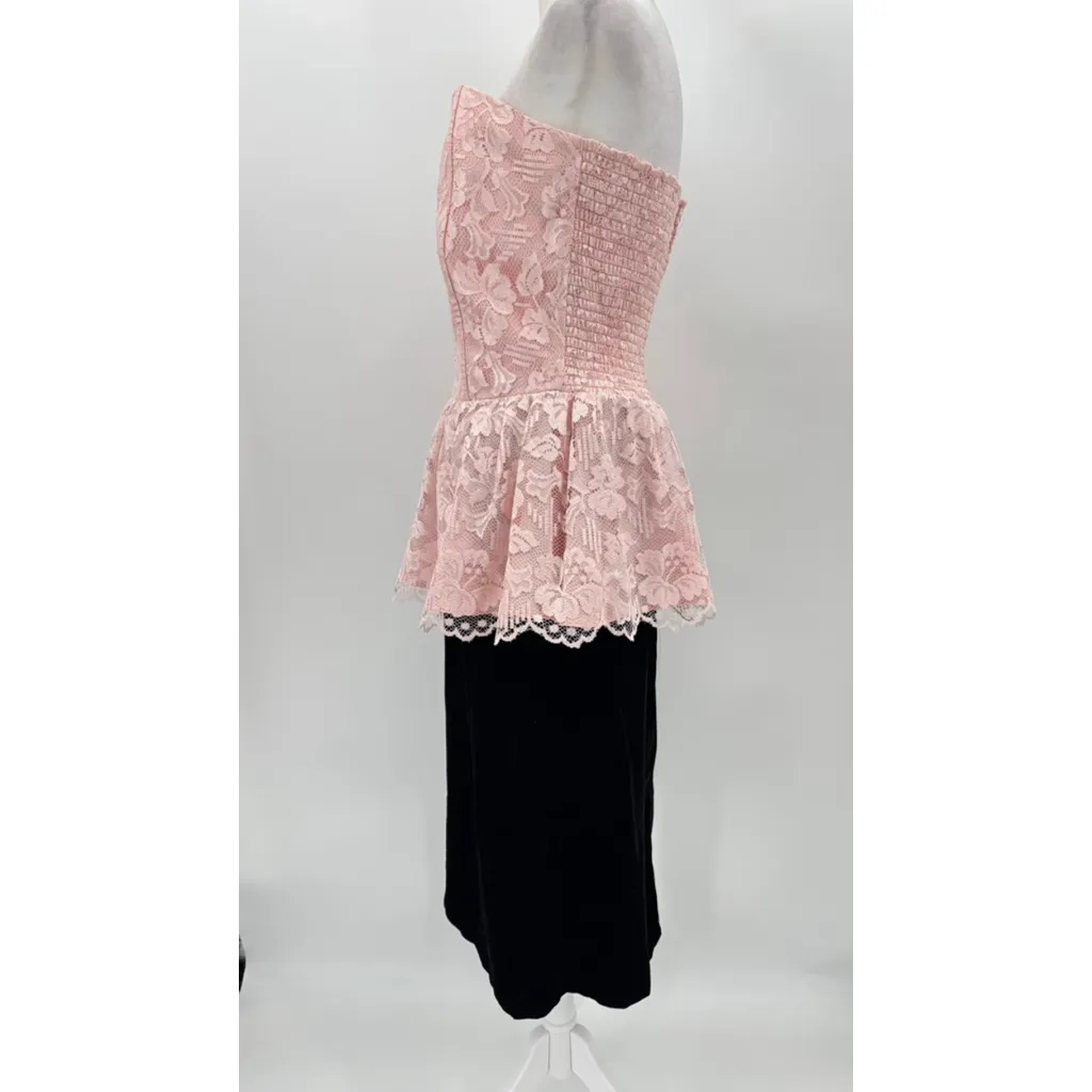 Vintage 80s Strapless Formal Dress Pink Lace Peplum Velvet Skirt Made in USA Size M - Image 6