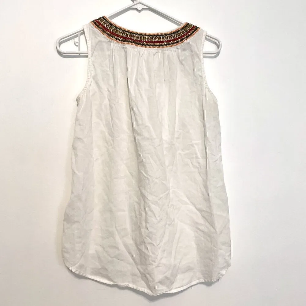 ESPRIT White Multi Embroidered Beaded Sequin Sleeveless Cotton Boho Tank Blouse - Image 15