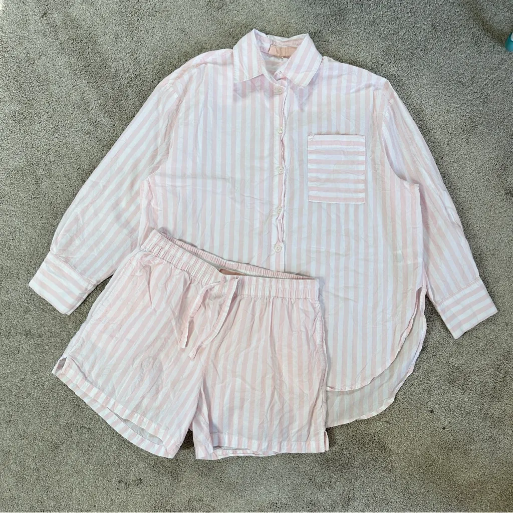 Papinelle Women’s Cotton Stripe Shirting Longsleeve Boxer PJ Set in Pink White S - Image 2