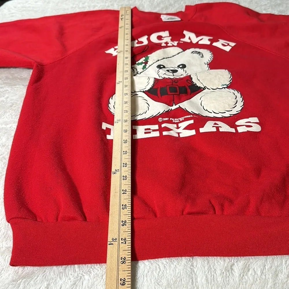 Red Hug Me In Texas 80s Christmas Teddy Bear Vintage Sweatshirt 1987 size XL - Image 15
