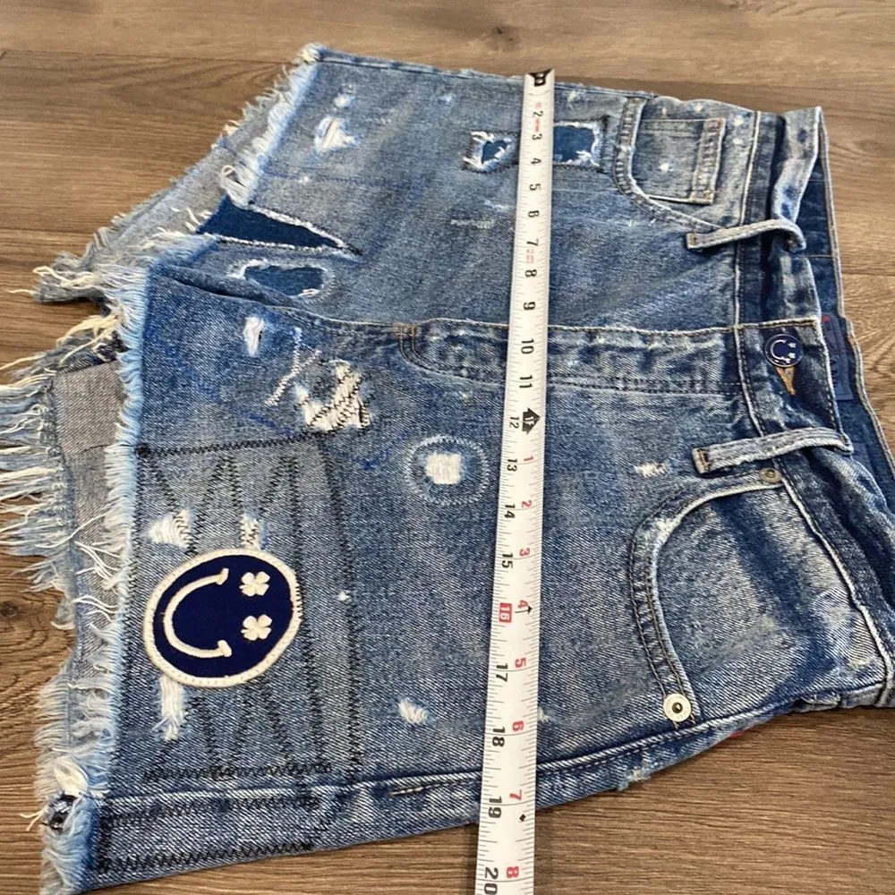 Lucky Brand High Rise Distressed Graphic Button Fly Cut Off Blue Jean Shorts Siz - Image 6