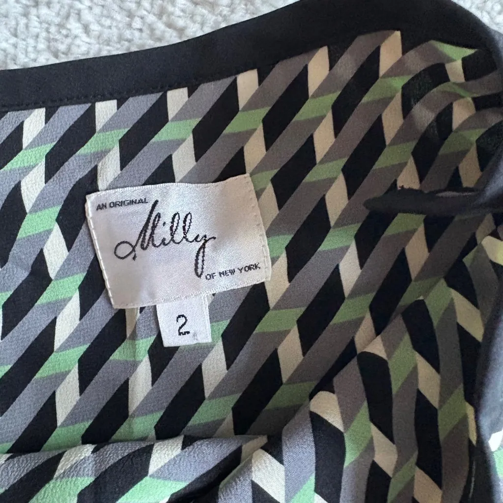 Milly of New York Geometric Print Silk Skirt Black Green Gray Retro Mod Style Size 2P - Image 4