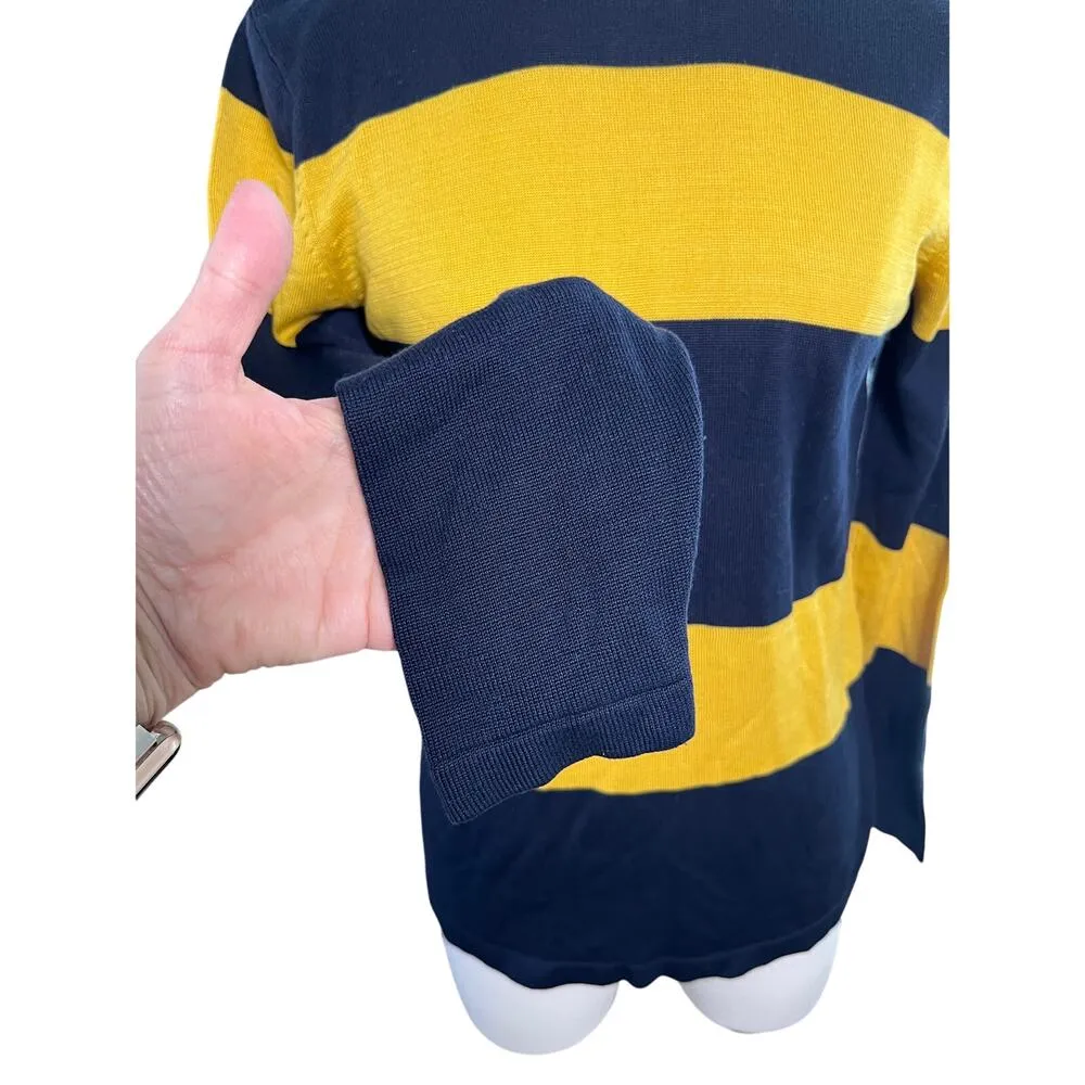 August Silk Sweater Small Navy Yellow Stripe Mock Neck Pullover Long Sleeve - Image 3