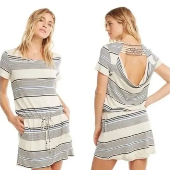 Chaser Dress MEDIUM Blue White Striped Scoop Neck Open Back Elastic Waist Casual - Image 2