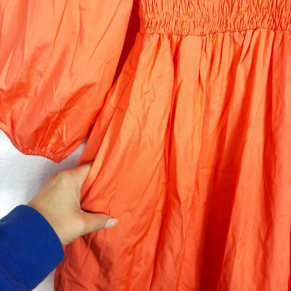 NWT J. CREW Orange Cotton Poplin V Neck Smocked Waist Midi Dress Size XS Boho - Image 11