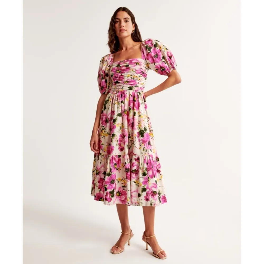 Abercrombie & Fitch Emerson Poplin Puff Sleeve Midi Dress in Pink Floral Print - Image 3